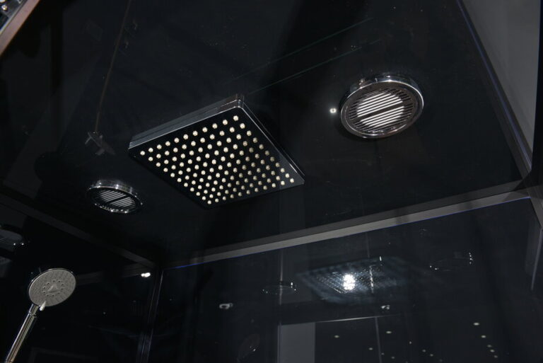 The overhead monsoon shower, roof lights and hand shower inside the black roof of the Vidalux Fusion Steam 1200