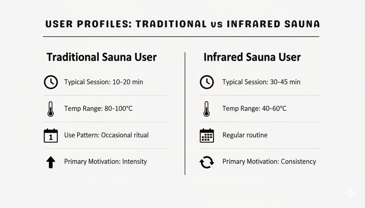 A comparison infographic titled “User Profiles: Traditional vs Infrared Sauna” that outlines how different sauna types suit different usage patterns. The graphic is divided into two columns. The left column describes a traditional sauna user, showing shorter sessions of 10–20 minutes, higher temperatures between 80–100°C, occasional ritual use, and a primary motivation of intensity. The right column describes an infrared sauna user, showing longer sessions of 30–45 minutes, lower temperatures between 40–60°C, regular routine use, and a primary motivation of consistency. Simple icons such as clocks, thermometers, and arrows are used to support each comparison point.