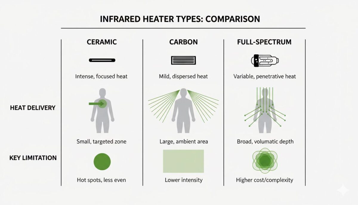 A side-by-side infographic comparing three infrared heater technologies: ceramic, carbon, and full-spectrum. Each column outlines how the heater delivers heat, how evenly it covers the body, and its primary limitation. Ceramic heaters are shown delivering intense but narrow heat with limited coverage. Carbon heaters are depicted providing broad, even heat with slower warm-up and far-infrared output only. Full-spectrum heaters are shown combining multiple infrared wavelengths for wider coverage and faster core heating. The layout presents each heater type with equal visual weight and neutral, factual labels.