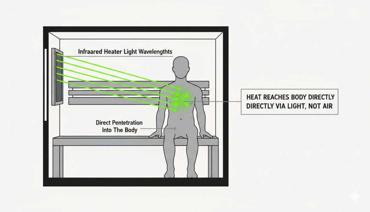 A cross-section diagram explaining how an infrared sauna heats the body directly rather than heating the surrounding air. The image shows a wall-mounted infrared heater panel emitting controlled bands of infrared energy that travel straight toward the body. The surrounding air is depicted as largely unaffected. Directional lines highlight that heat energy penetrates the body directly, illustrating the difference between radiant heat and air-based heating used in traditional saunas