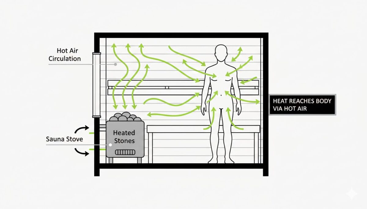A simplified cross-section diagram illustrating how a traditional sauna heats the body by warming the air. The visual shows a sauna stove heating a stack of stones, with arrows indicating heat rising from the stones into the surrounding air. Additional arrows show the hot air circulating around the cabin before transferring heat to a seated body. The diagram emphasises the indirect heat pathway, where the air temperature increases first and body temperature follows as a result of prolonged exposure to heated air.