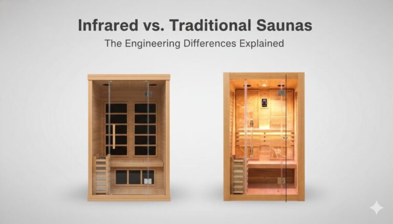 A graphic titled "Infrared vs. Traditional Saunas: The Engineering Differences Explained" featuring a side-by-side comparison of two wooden home sauna cabins against a light grey background. The cabin on the left represents an infrared sauna, characterized by large, black rectangular heater panels mounted on the interior walls. These panels visually illustrate the "direct body heating" technology discussed in the article, which uses light wavelengths to warm the user at lower temperatures (45-60°C). The cabin on the right represents a traditional sauna, emitting a warm, amber glow. It features a floor-mounted stove unit, indicative of the traditional engineering method that heats rocks and the surrounding air to achieve intense, high temperatures (70-90°C). The visual contrast highlights the primary engineering distinction: radiant heat versus convection air heating.