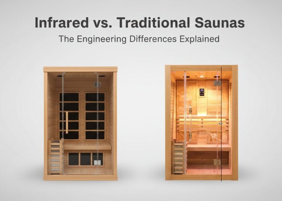 A graphic titled "Infrared vs. Traditional Saunas: The Engineering Differences Explained" featuring a side-by-side comparison of two wooden home sauna cabins against a light grey background. The cabin on the left represents an infrared sauna, characterized by large, black rectangular heater panels mounted on the interior walls. These panels visually illustrate the "direct body heating" technology discussed in the article, which uses light wavelengths to warm the user at lower temperatures (45-60°C). The cabin on the right represents a traditional sauna, emitting a warm, amber glow. It features a floor-mounted stove unit, indicative of the traditional engineering method that heats rocks and the surrounding air to achieve intense, high temperatures (70-90°C). The visual contrast highlights the primary engineering distinction: radiant heat versus convection air heating.