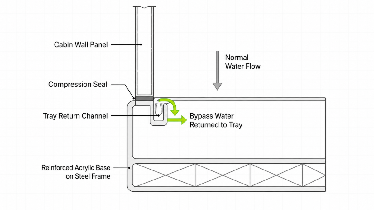 Leak-Seal technology: compression seals plus tray return channels capture any bypass water and direct it back inside the cabin.