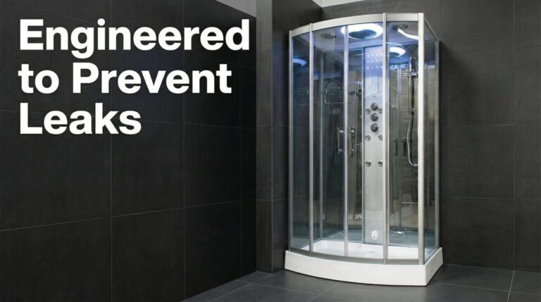 Editorial header image showing a Vidalux steam shower cabin installed within a dark anthracite tiled enclosure, photographed at eye level with neutral lighting. The reinforced white acrylic shower tray sits on a concealed steel frame, meeting a compression-sealed aluminium structure with no visible silicone joints. Clear 6mm safety glass panels reveal internal chrome fixtures and thermostatic controls. Large typeset headline text on the left reads “Engineered to Prevent Leaks,” reinforcing the engineering-led leak prevention design.