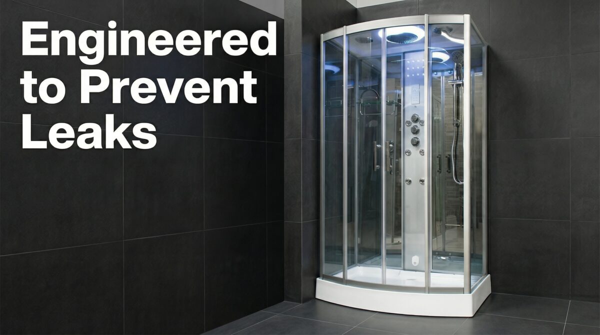 Editorial header image showing a Vidalux steam shower cabin installed within a dark anthracite tiled enclosure, photographed at eye level with neutral lighting. The reinforced white acrylic shower tray sits on a concealed steel frame, meeting a compression-sealed aluminium structure with no visible silicone joints. Clear 6mm safety glass panels reveal internal chrome fixtures and thermostatic controls. Large typeset headline text on the left reads “Engineered to Prevent Leaks,” reinforcing the engineering-led leak prevention design.