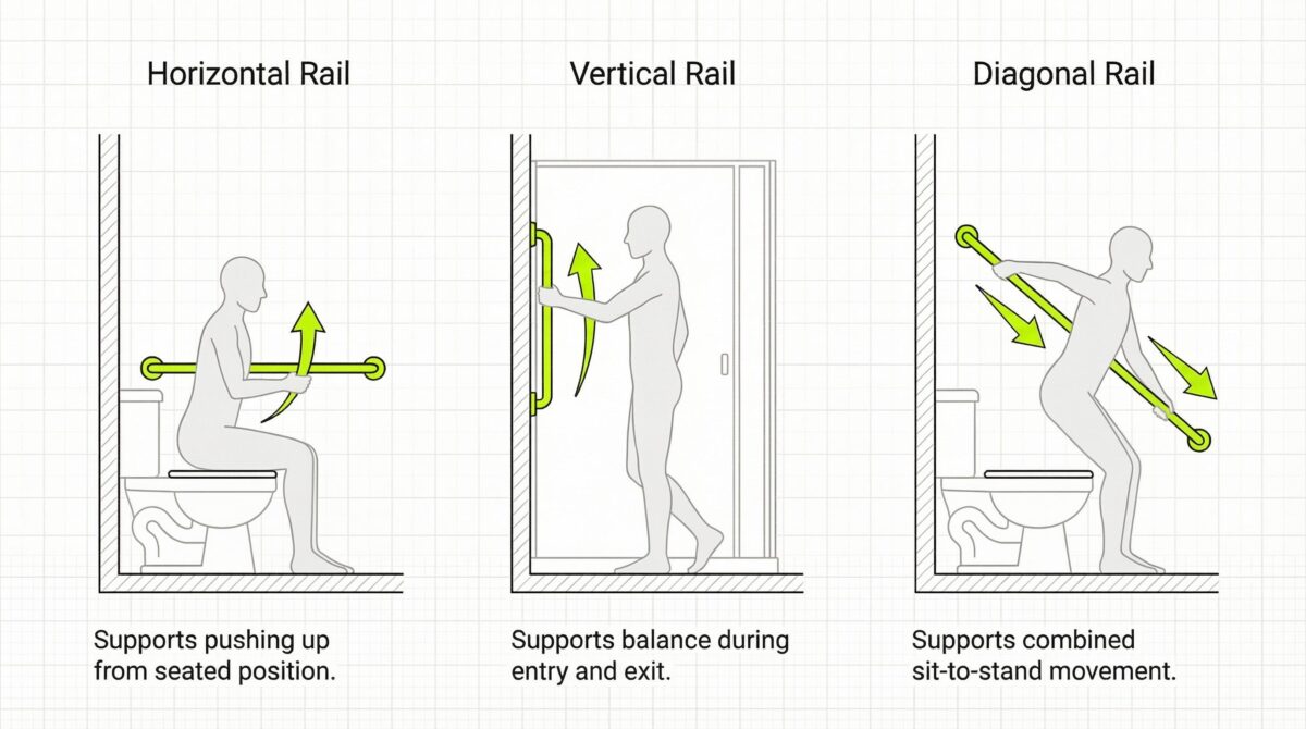 Diagram showing horizontal, vertical, and diagonal bathroom grab rails and how each supports different movements such as pushing up from a seated position, stabilising during entry, and assisting sit-to-stand transfers.