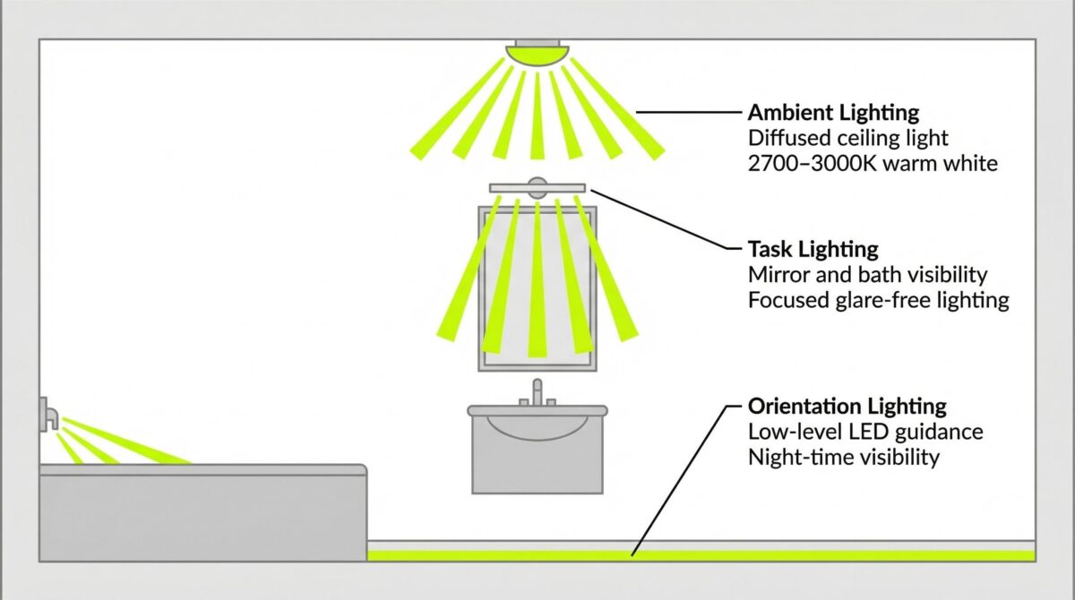 Layered bathroom lighting diagram showing ambient ceiling lighting, task lighting at the mirror, and low-level LED orientation lighting for safer bathrooms for elderly users.