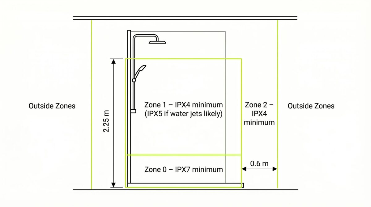 Cross-section diagram of UK bathroom electrical zones showing Zone 0 (IPX7 minimum) at the shower tray, Zone 1 (IPX4 minimum, IPX5 if water jets likely) up to 2.25m, Zone 2 (IPX4 minimum) extending 0.6m beyond, and Outside Zones either side.