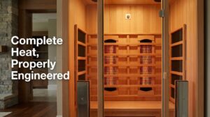 Interior view of a two-person Vidalux indoor infrared sauna installed within a neutral domestic room. The camera is positioned slightly off-centre, looking through the open glass door panels into the cabin. A narrow vertical column of white headline text appears on the left over a softly lit interior wall, while the sauna occupies the right two-thirds of the frame. Inside the cabin, Canadian hemlock timber lines the walls, ceiling, and bench in horizontal planks. The layout is symmetrical within the cabin itself, with four vertical arrays of full-spectrum carbon fibre ruby quartz heaters mounted on the back wall behind the seating position. Each heater array is enclosed in a dark protective grille and arranged in two vertical columns, evenly spaced from top to bottom. Curved wooden headrest supports are positioned above the heater arrays. Both side walls contain large, dark nano-carbon heating panels set within timber frames. These panels are rectangular and mounted vertically, covering most of the wall height to provide wide surface-area coverage. The bench spans the width of the cabin, with open floor space beneath. The internal lighting emits a controlled warm glow, illuminating the timber grain and heater placement without visible glare or theatrical effects. The image visually reinforces the article’s explanation of balanced heater combination, showing both wall-mounted nano-carbon panels and centrally positioned full-spectrum backrest heaters within one integrated system.