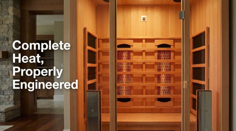 Interior view of a two-person Vidalux indoor infrared sauna installed within a neutral domestic room. The camera is positioned slightly off-centre, looking through the open glass door panels into the cabin. A narrow vertical column of white headline text appears on the left over a softly lit interior wall, while the sauna occupies the right two-thirds of the frame. Inside the cabin, Canadian hemlock timber lines the walls, ceiling, and bench in horizontal planks. The layout is symmetrical within the cabin itself, with four vertical arrays of full-spectrum carbon fibre ruby quartz heaters mounted on the back wall behind the seating position. Each heater array is enclosed in a dark protective grille and arranged in two vertical columns, evenly spaced from top to bottom. Curved wooden headrest supports are positioned above the heater arrays. Both side walls contain large, dark nano-carbon heating panels set within timber frames. These panels are rectangular and mounted vertically, covering most of the wall height to provide wide surface-area coverage. The bench spans the width of the cabin, with open floor space beneath. The internal lighting emits a controlled warm glow, illuminating the timber grain and heater placement without visible glare or theatrical effects. The image visually reinforces the article’s explanation of balanced heater combination, showing both wall-mounted nano-carbon panels and centrally positioned full-spectrum backrest heaters within one integrated system.