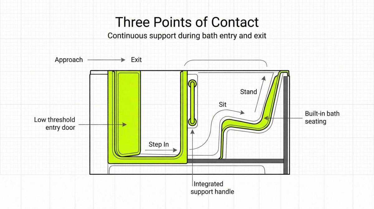 Diagram showing the three points of contact in a walk-in bath: low-threshold entry door, integrated support handle, and built-in seating that provide continuous support during entry, sitting, standing, and exit.