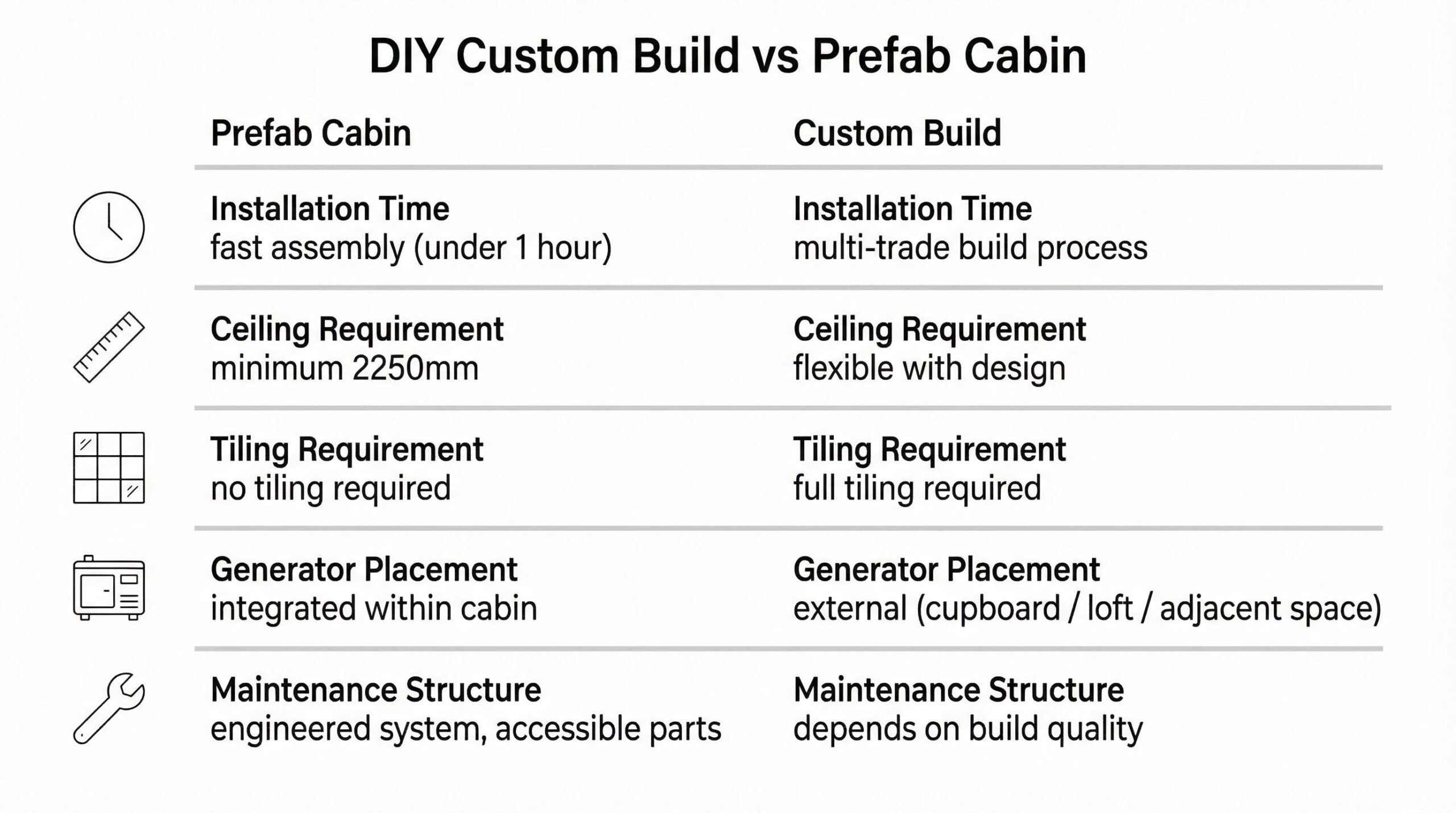 Comparison table showing prefab steam cabin vs custom steam room build across installation time, ceiling height, tiling, generator placement, and maintenance