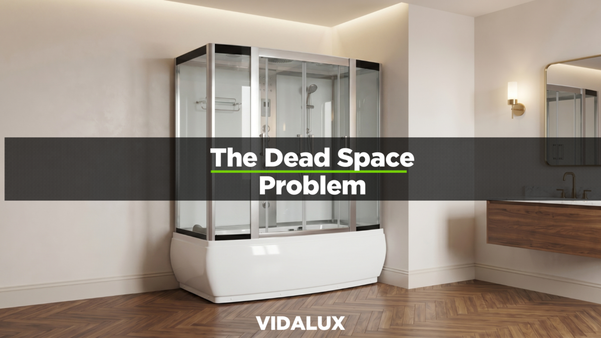 Vidalux Aegean 1700 whirlpool steam shower bath installed in a modern UK bathroom with herringbone oak flooring, warm plaster walls, walnut vanity, and brass fittings.