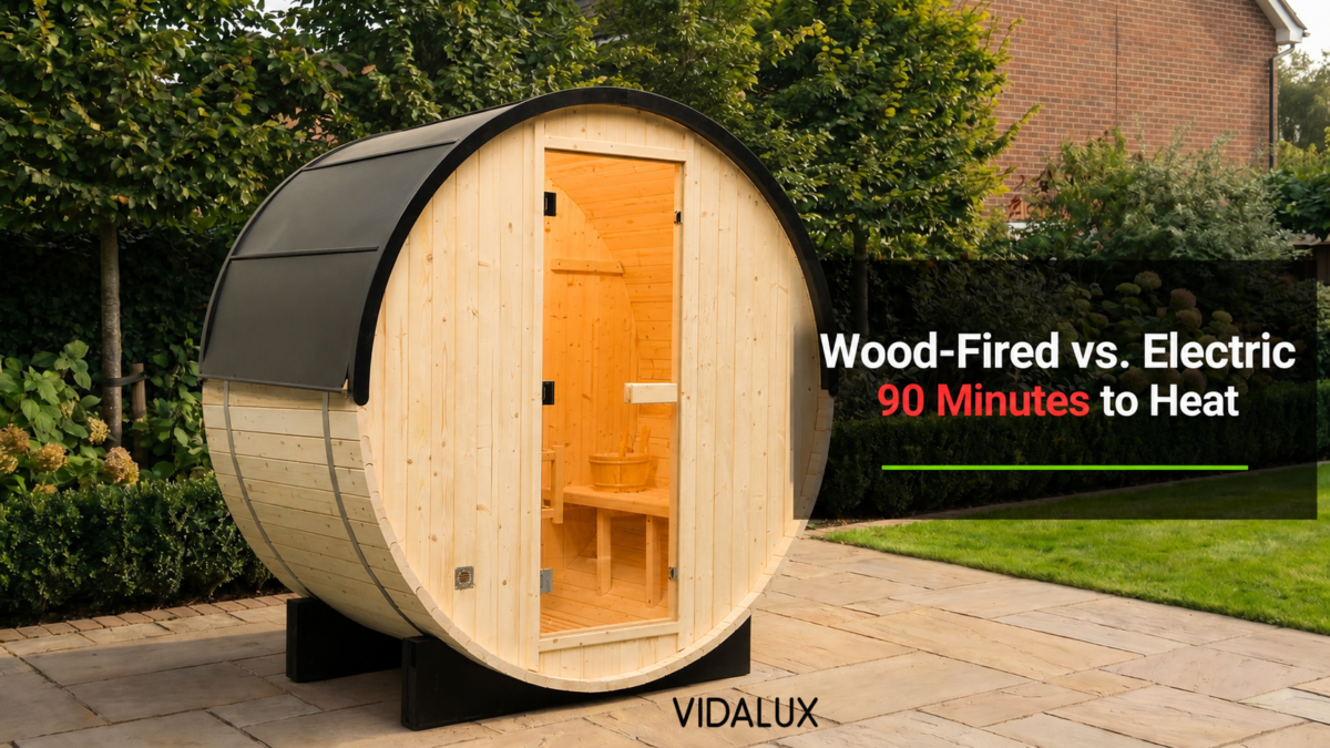 Vidalux barrel sauna on a stone patio in a UK garden with the headline "Wood-Fired vs. Electric: 90 Minutes to Heat" overlaid on the right.
