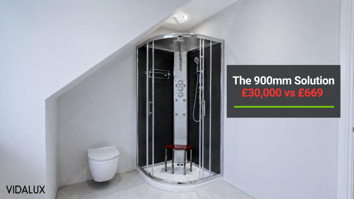 Pure 900 quadrant hydro shower cabin in white finish installed in a tight UK understairs cloakroom, with the angled understairs ceiling visible above the cabin and a wall-hung WC alongside, demonstrating the 2,300mm minimum ceiling clearance.