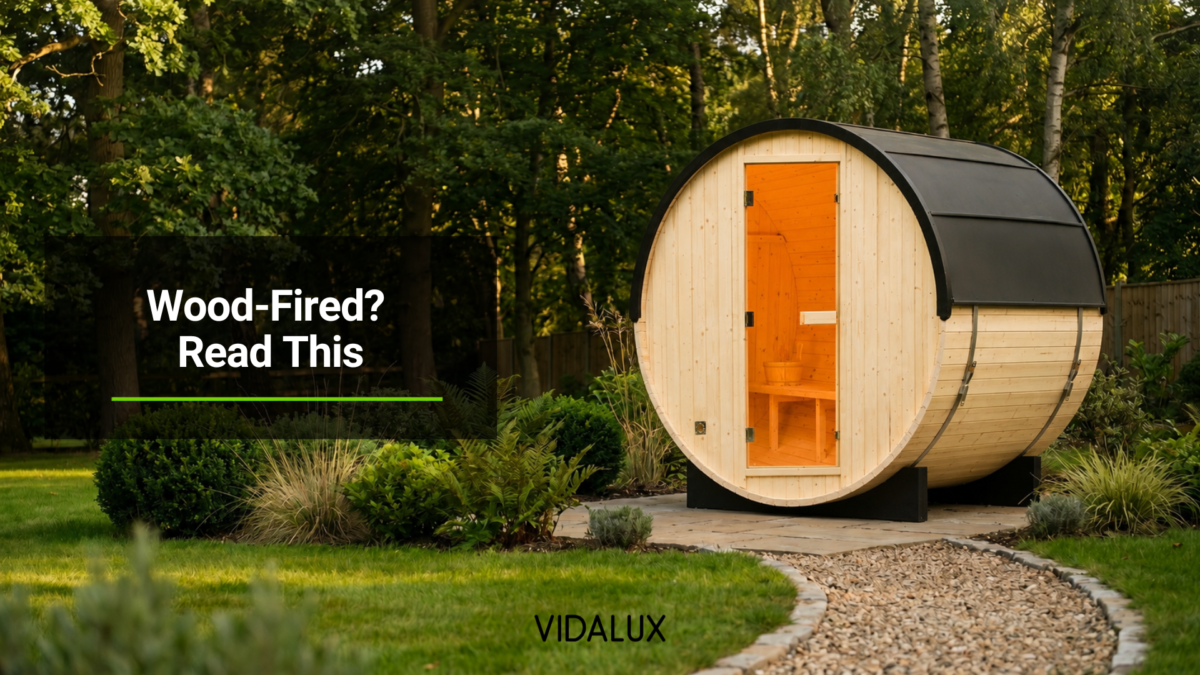 A Vidalux wooden barrel sauna with a charcoal corrugated metal roof, freestanding on a curving stone path in a mature UK private garden during late-afternoon golden hour.