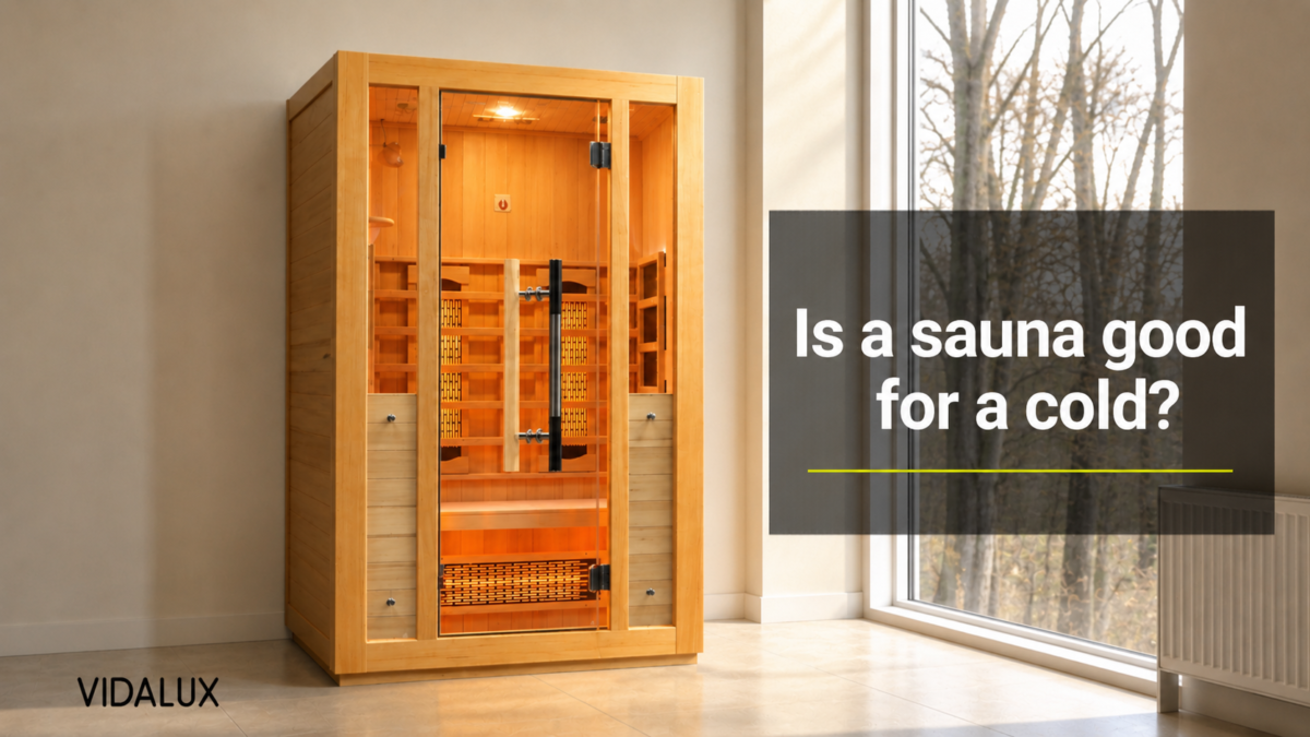 Vidalux Premier 2 person infrared sauna with warm interior glow in a calm UK home wellness room.