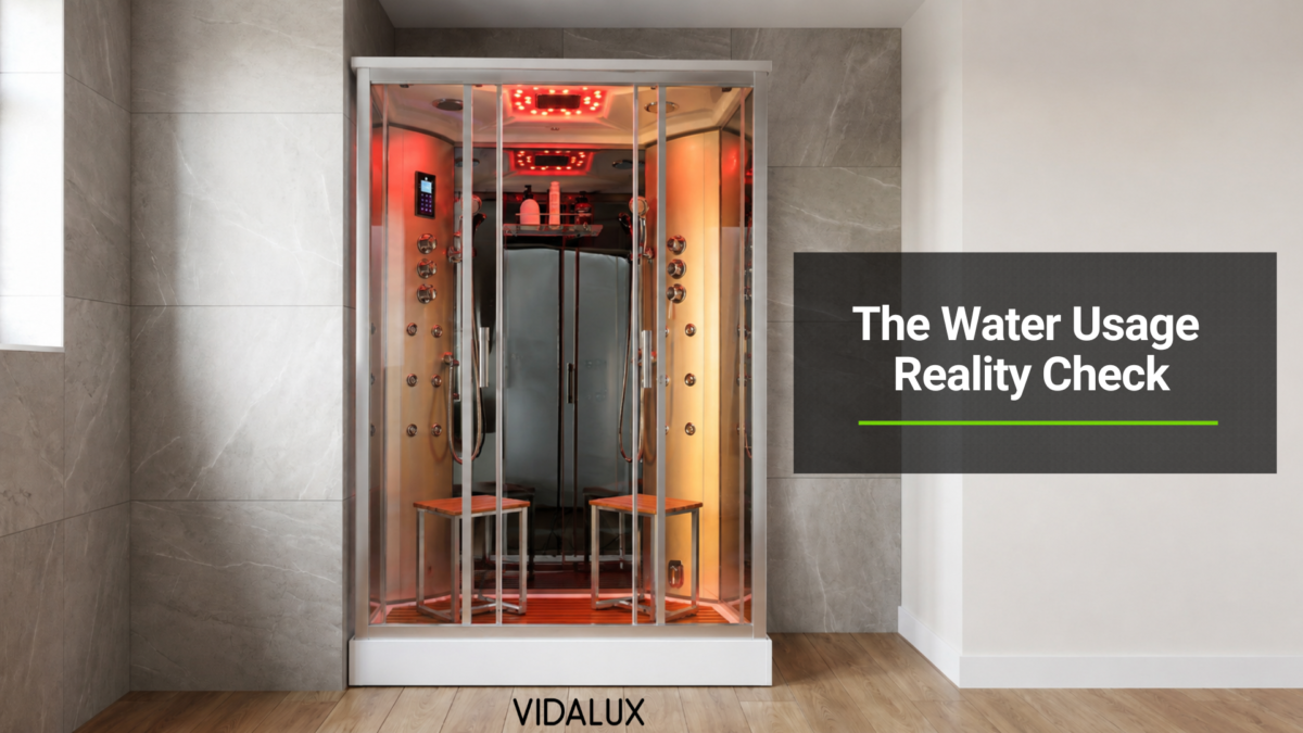Twin steam shower cabin with chromotherapy lighting installed in a contemporary urban bathroom, illustrating a water-efficient alternative to a double bath
