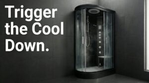 Vidalux steam shower installed in a dark anthracite tiled bathroom, door slightly open with light steam residue on heavy-gauge glass, matte black aluminium frame and precision control column visible, headline “Trigger the Cool Down.” typeset in a narrow white column on the left, conveying controlled thermoregulation and post-steam cool-down within a neutral 4600K architectural environment.