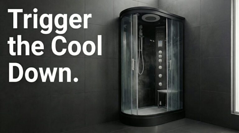 Vidalux steam shower installed in a dark anthracite tiled bathroom, door slightly open with light steam residue on heavy-gauge glass, matte black aluminium frame and precision control column visible, headline “Trigger the Cool Down.” typeset in a narrow white column on the left, conveying controlled thermoregulation and post-steam cool-down within a neutral 4600K architectural environment.