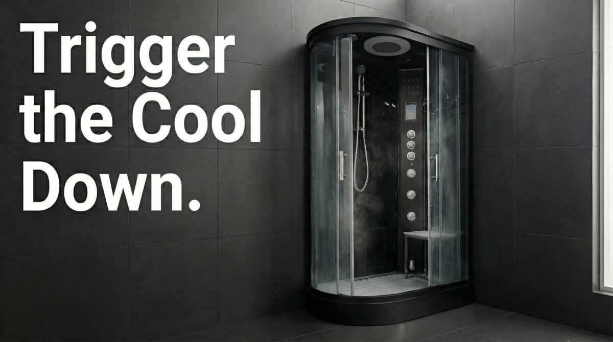 Vidalux steam shower installed in a dark anthracite tiled bathroom, door slightly open with light steam residue on heavy-gauge glass, matte black aluminium frame and precision control column visible, headline “Trigger the Cool Down.” typeset in a narrow white column on the left, conveying controlled thermoregulation and post-steam cool-down within a neutral 4600K architectural environment.