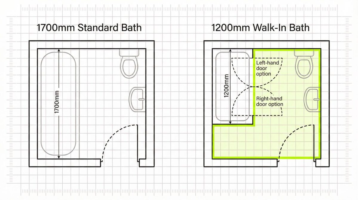 Floor plan comparison of a 1700mm standard bath and a 1200mm Vidalux walk-in bath in the same small bathroom, showing the shorter walk-in bath frees up floor space (highlighted green) while keeping the toilet and sink, with left-hand and right-hand door swing options marked.