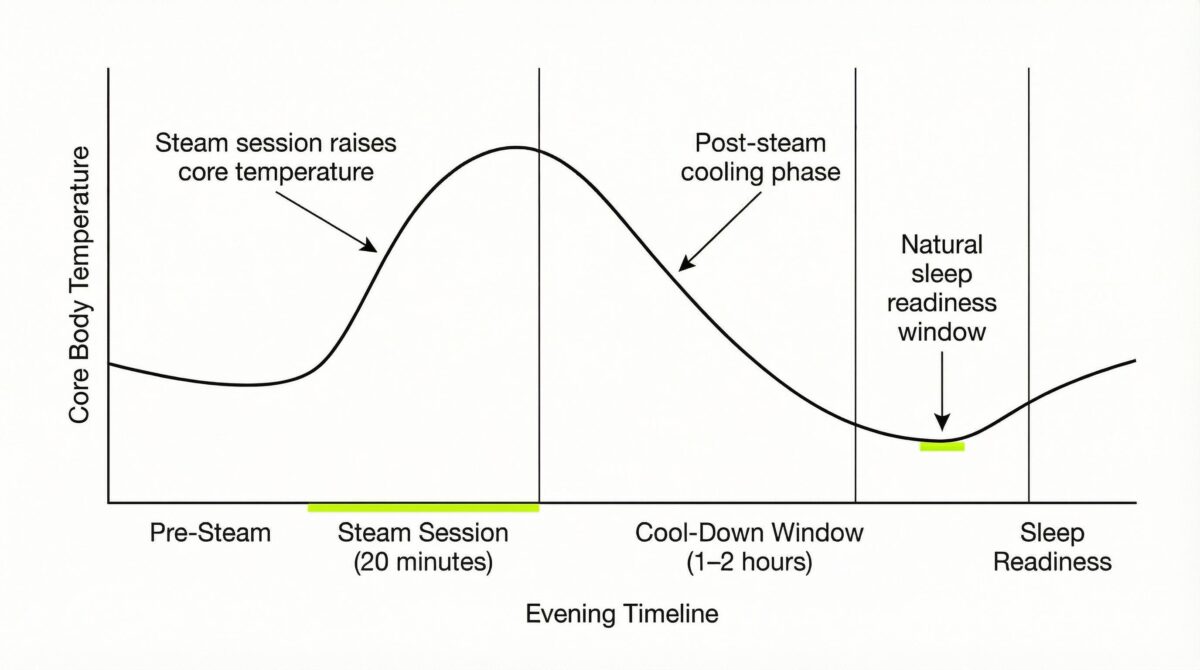 Line graph showing how core body temperature changes across an evening steam routine. Temperature rises during a 15–20 minute steam session, falls through a 1–2 hour cool-down window, and reaches its lowest point at natural sleep readiness.