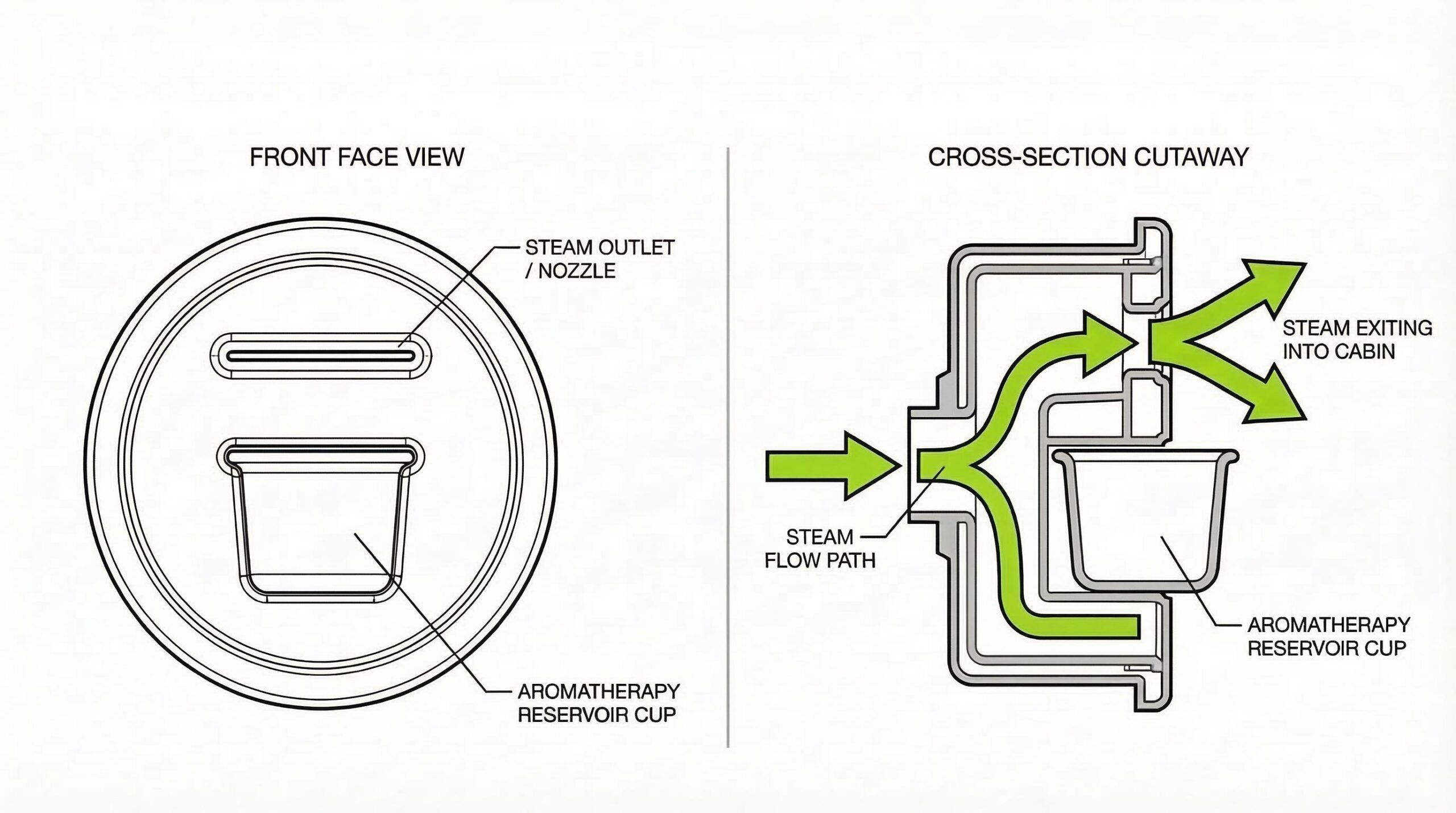 Two-panel technical diagram of a steam shower steam head: front face view labelling the steam outlet nozzle above and the aromatherapy reservoir cup below, and a cross-section cutaway showing the internal steam flow path bypassing the reservoir as steam exits into the cabin.