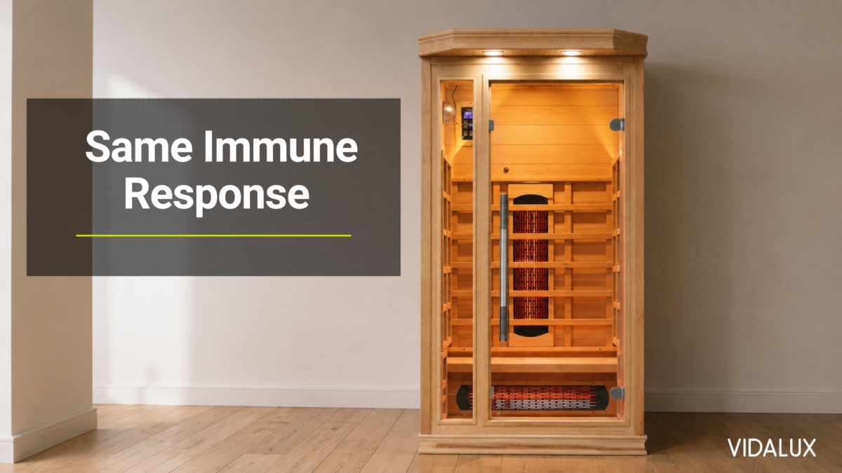 A Vidalux Solara 1 Person Full Spectrum Infrared Sauna in a calm, minimal domestic interior. The hemlock cabinet stands freestanding against a soft off-white wall on a light oak floor, with a warm interior glow visible through the front glass door.