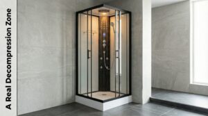 Vidalux hydro shower cabin in a modern grey bathroom with rainfall shower, body jets, and digital control panel — a real decompression zone.