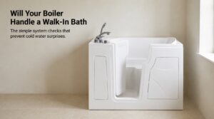 Compact left-hand opening walk-in bath with hi-flow mixer tap and handheld shower attachment, shown in a calm neutral bathroom setting. Headline overlay reads "Will Your Boiler Handle a Walk-In Bath - the simple system checks that prevent cold water surprises."