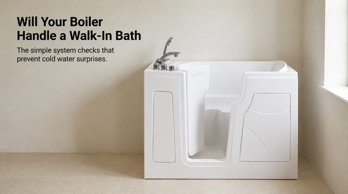 Compact left-hand opening walk-in bath with hi-flow mixer tap and handheld shower attachment, shown in a calm neutral bathroom setting. Headline overlay reads "Will Your Boiler Handle a Walk-In Bath - the simple system checks that prevent cold water surprises."