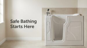 Vidalux walk-in bath with inward-opening door and built-in seat installed in a calm beige-tiled bathroom — the centrepiece of the bath lift vs walk-in bath comparison.