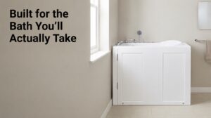 Pennington Compact Left Hand walk-in bath in a calm, light UK bathroom, illustrating the upright seated geometry that delivers chest-deep immersion in a small footprint.