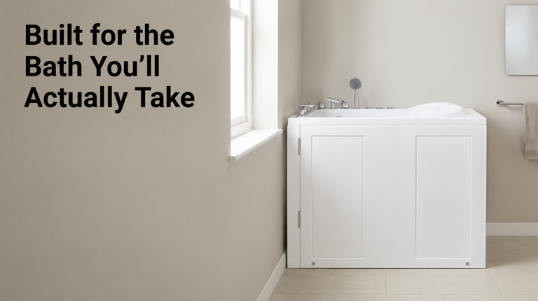Pennington Compact Left Hand walk-in bath in a calm, light UK bathroom, illustrating the upright seated geometry that delivers chest-deep immersion in a small footprint.