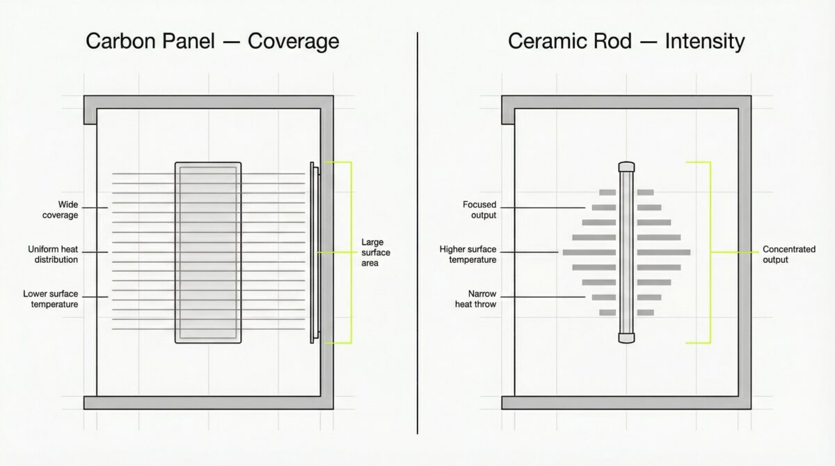 Flat editorial comparison diagram showing a carbon panel providing wide, uniform heat distribution across a wall versus a ceramic rod producing concentrated, shorter-range output with higher surface temperature. The carbon side highlights large surface area, while the ceramic side highlights focused intensity and narrow heat throw.