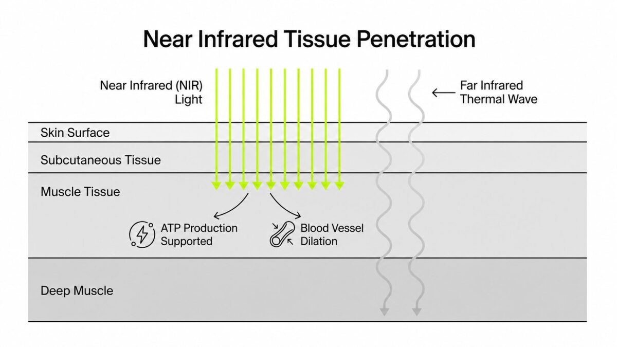 Cross-section diagram of skin and muscle layers showing near infrared light penetrating into muscle tissue to support ATP production and blood vessel dilation, while far infrared travels deeper as a thermal wave into deep muscle.
