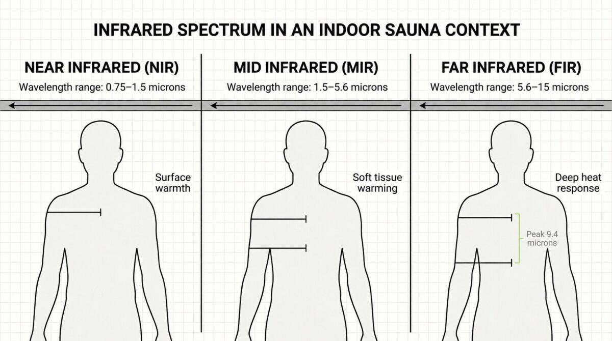 Infrared spectrum diagram showing three human silhouettes in an indoor sauna context. Near Infrared (NIR), wavelength range 0.75 to 1.5 microns, produces surface warmth. Mid Infrared (MIR), wavelength range 1.5 to 5.6 microns, produces soft tissue warming. Far Infrared (FIR), wavelength range 5.6 to 15 microns, produces a deep heat response, peaking at 9.4 microns.
