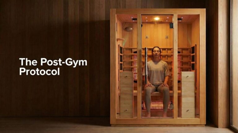 Person sitting relaxed inside a warm wooden infrared sauna after a workout, illustrating post-gym recovery routine.