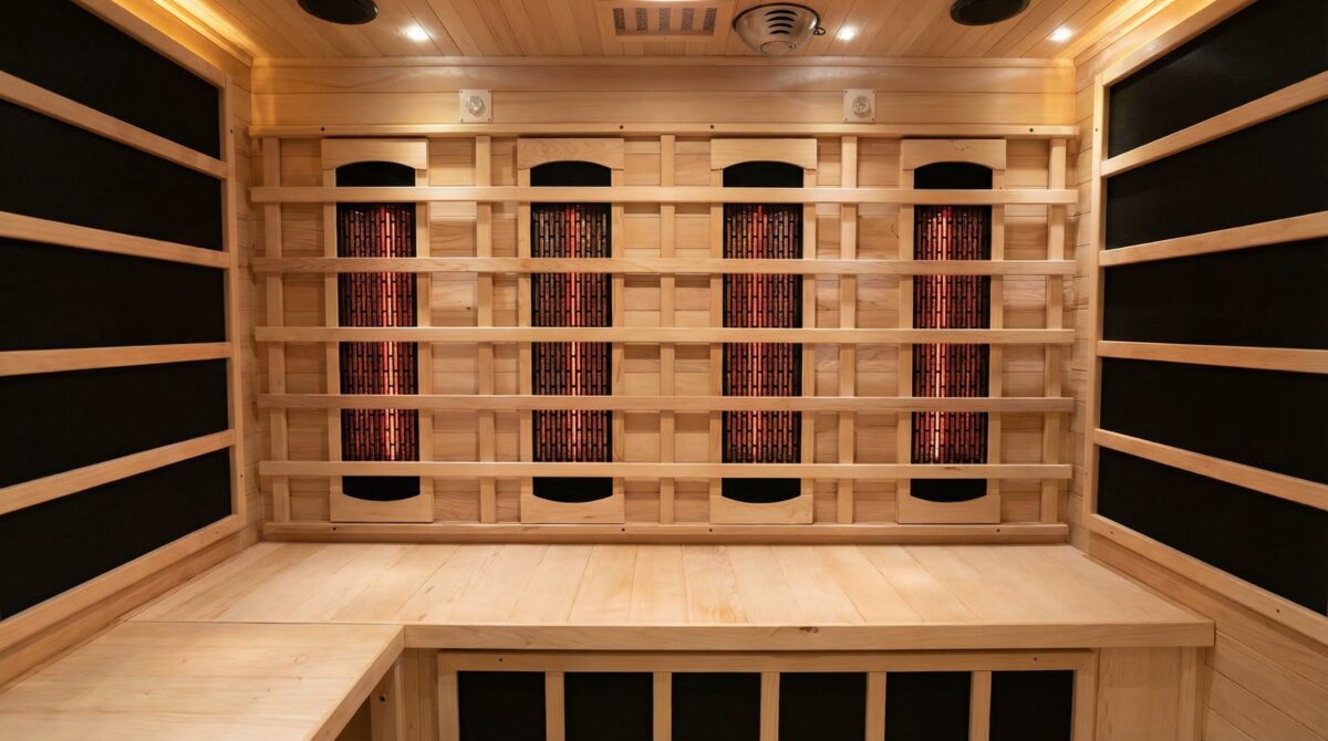 Interior view of a Vidalux Complete Heat indoor infrared sauna showing nano-carbon wall panels and multiple full-spectrum ruby quartz backrest heaters arranged evenly across the rear wall. Warm 3000K containment lighting highlights engineered heater placement and precision timber construction.