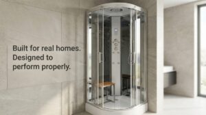 A modern quadrant shower cabin with sliding glass doors, a folding timber seat and a chrome control column, installed in the corner of a bright stone-tiled bathroom. Overlaid text reads: "Built for real homes. Designed to perform properly.