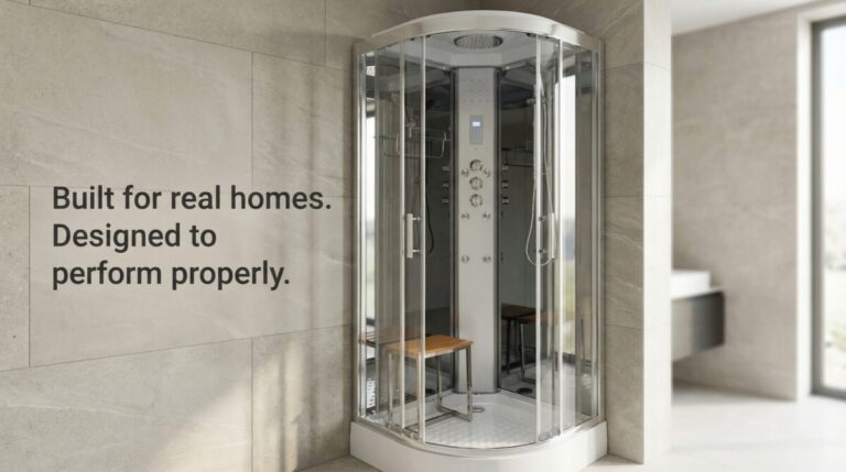 A modern quadrant shower cabin with sliding glass doors, a folding timber seat and a chrome control column, installed in the corner of a bright stone-tiled bathroom. Overlaid text reads: "Built for real homes. Designed to perform properly.