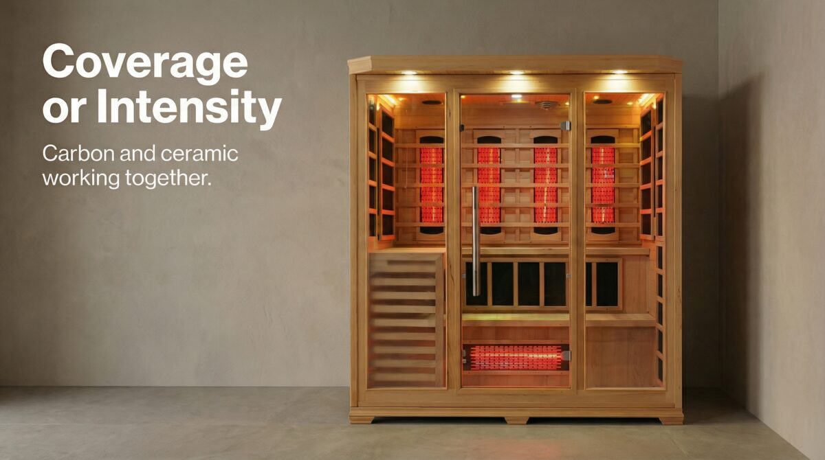 Vidalux Complete Heat indoor infrared sauna installed in a neutral residential setting, showing nano-carbon wall panels and full-spectrum ruby quartz backrest heaters illuminated at controlled 3000K warmth. Headline reads “Coverage or Intensity” with subline “Carbon and ceramic working together.” positioned in a narrow left column.