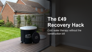 Vidalux Therapy Pod portable cold water immersion tub with insulated black sidewalls and lid, set up on a garden deck.