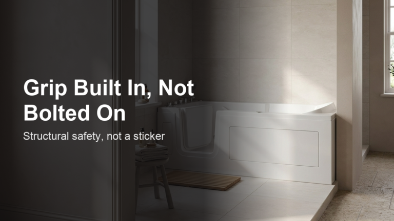Vidalux Abberton 1700 walk-in bath installed in a naturally-lit British bathroom, with overlay text reading "Grip Built In, Not Bolted On — structural safety, not a sticker.