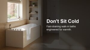 Vidalux Abberton 1700 walk-in bath with open door in a modern UK bathroom, headline "Don't Sit Cold".