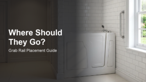A bright, modern accessible bathroom with a Vidalux walk-in bath and chrome grab rail mounted on the white tiled wall, door open showing low step-in threshold.