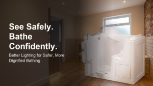 A modern residential bathroom with warm layered lighting and a walk-in bath, demonstrating safe, glare-free illumination for elderly users with visual impairment.