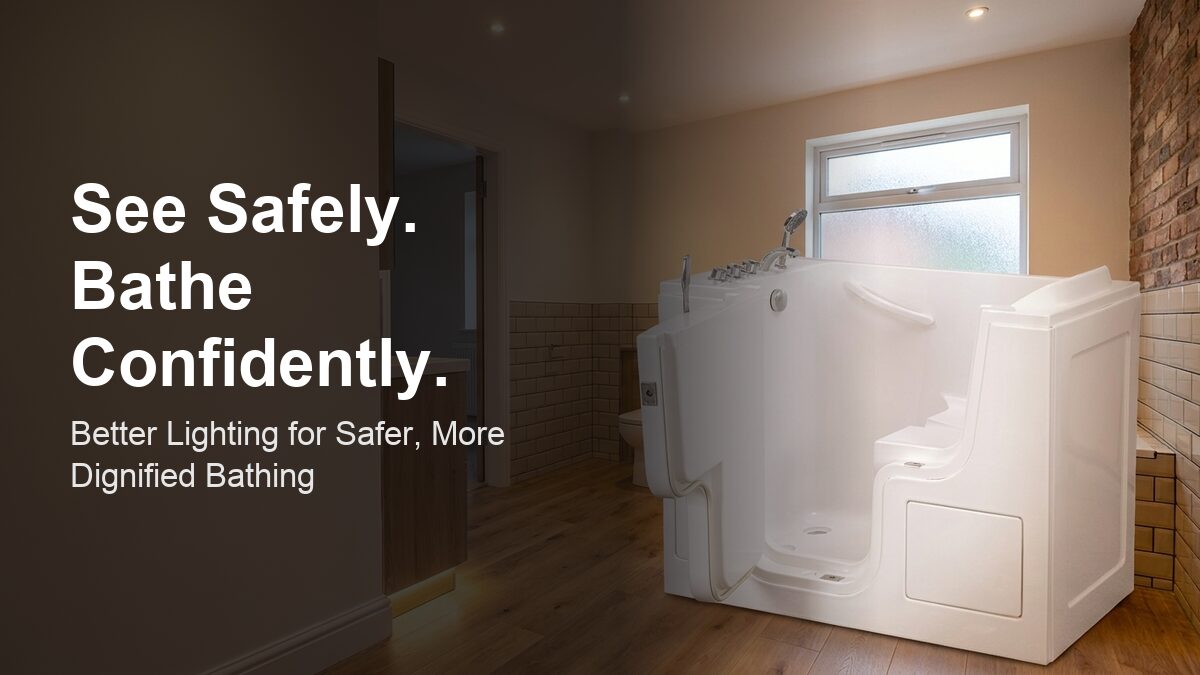A modern residential bathroom with warm layered lighting and a walk-in bath, demonstrating safe, glare-free illumination for elderly users with visual impairment.